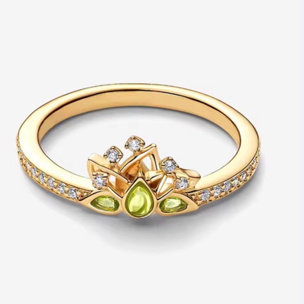 Gold-Plated Princess Tiana Lotus Peridot Ring with Pavé Accents
